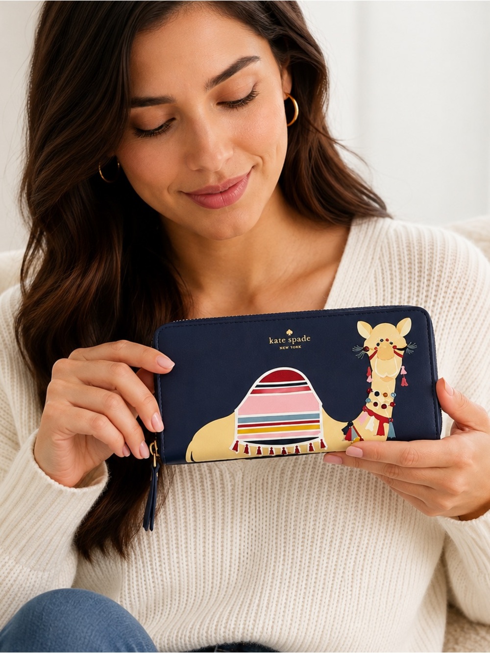 Kate Spade Spice Things Up Camel Neda Navy Leather Zip Wallet WLRU4841 NWOT